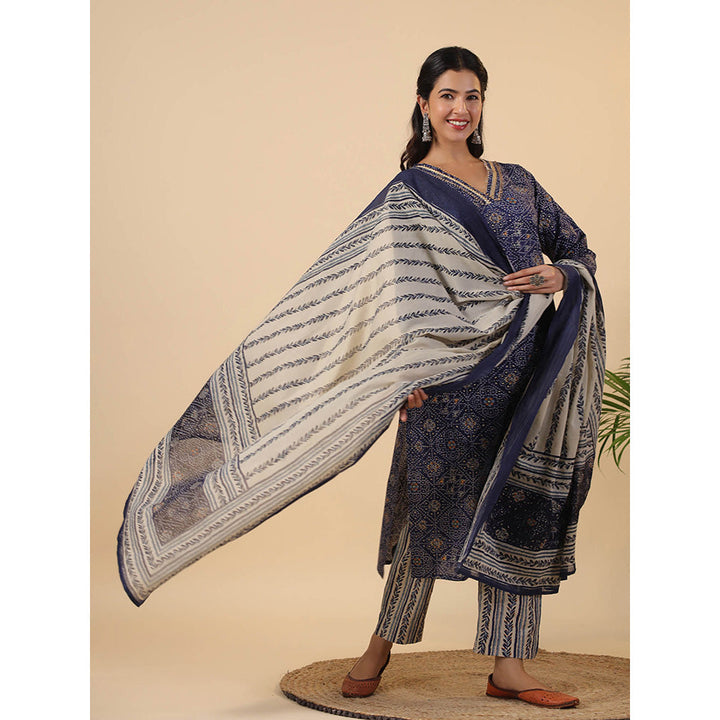 Janasya Women Navy Blue Printed Kurta with Pant and Dupatta (Set of 3)