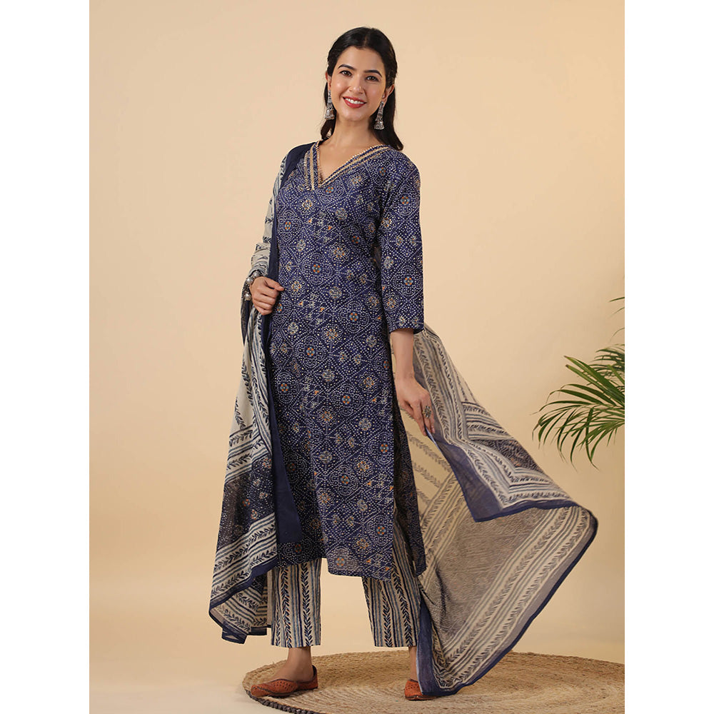 Janasya Women Navy Blue Printed Kurta with Pant and Dupatta (Set of 3)