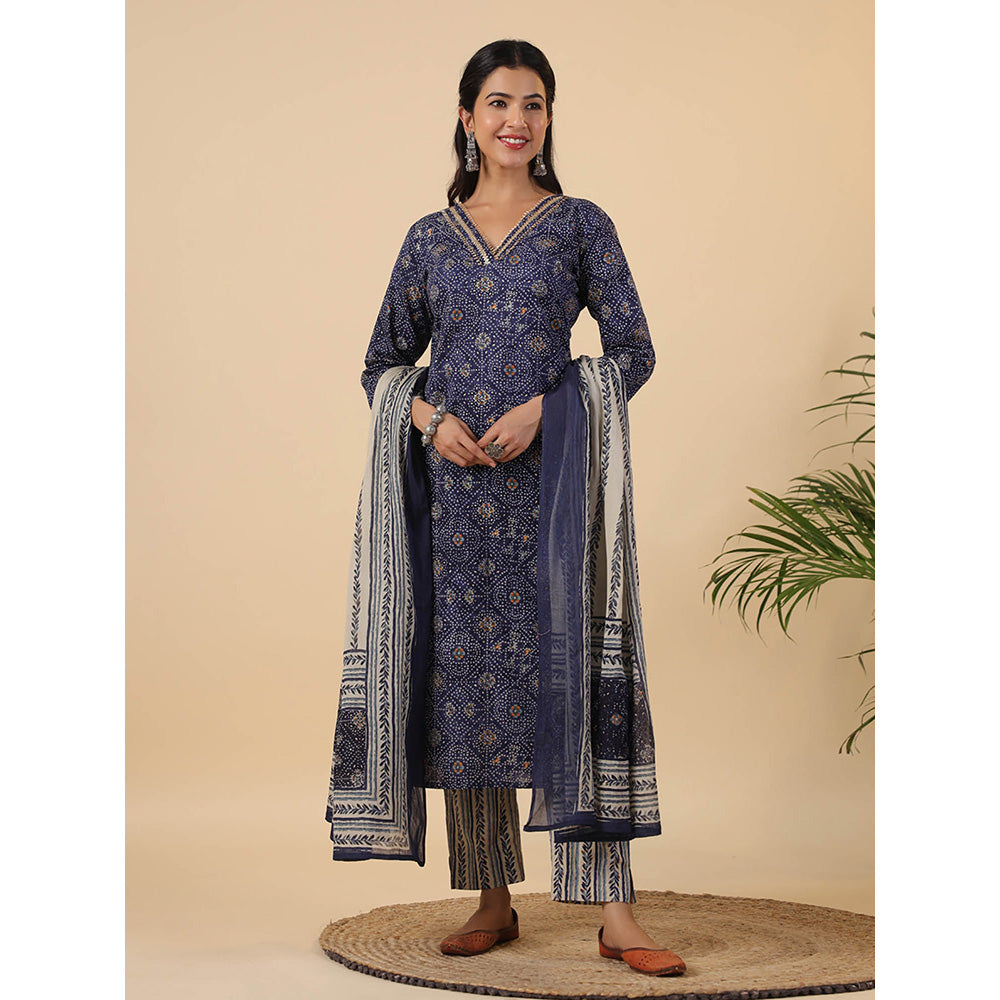 Janasya Women Navy Blue Printed Kurta with Pant and Dupatta (Set of 3)