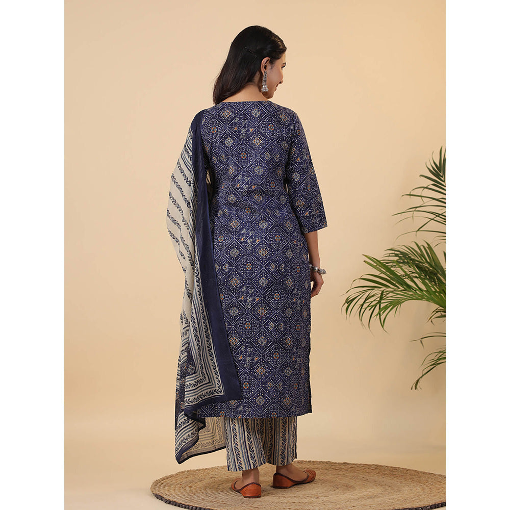 Janasya Women Navy Blue Printed Kurta with Pant and Dupatta (Set of 3)