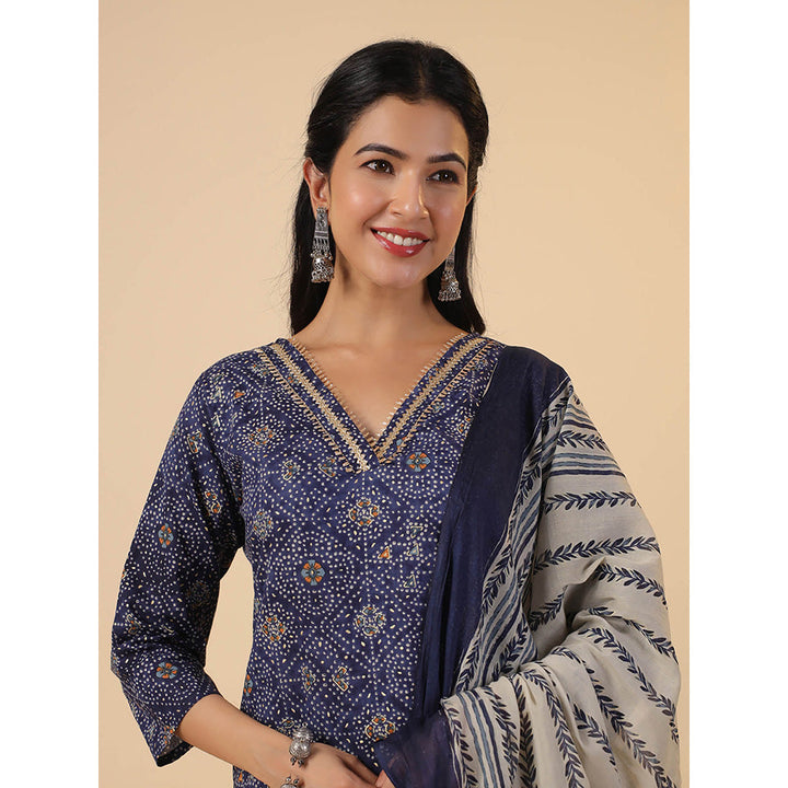 Janasya Women Navy Blue Printed Kurta with Pant and Dupatta (Set of 3)