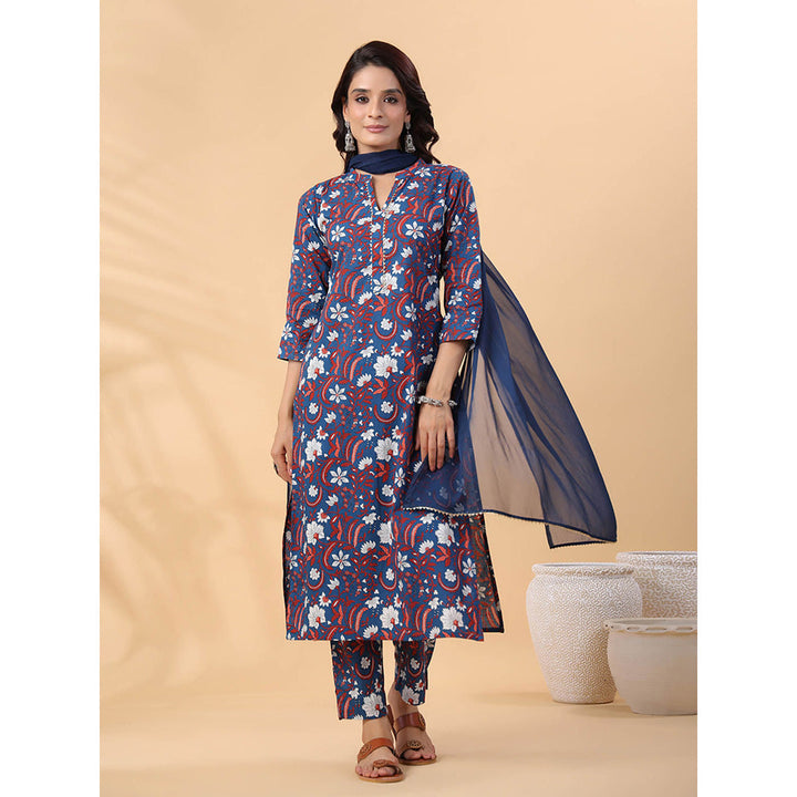 Janasya Women Navy Blue Floral Printed Kurta with Pant and Dupatta (Set of 3)