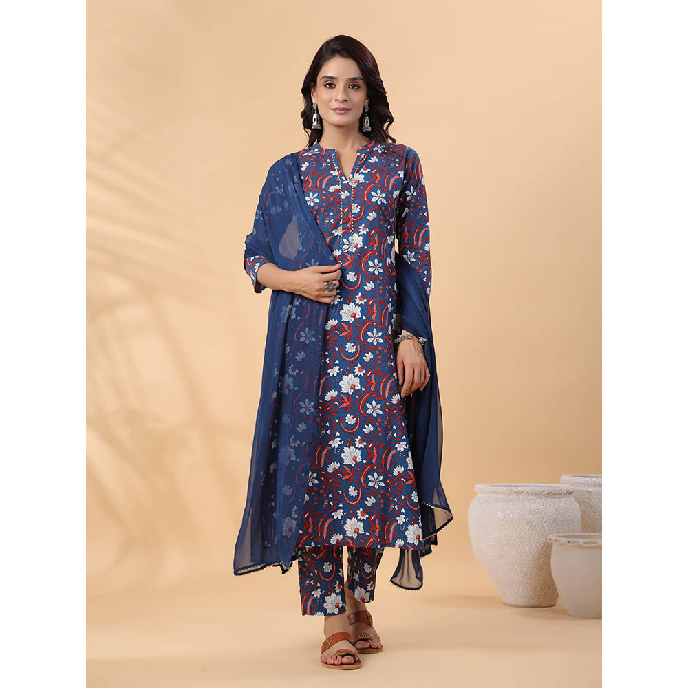 Janasya Women Navy Blue Floral Printed Kurta with Pant and Dupatta (Set of 3)