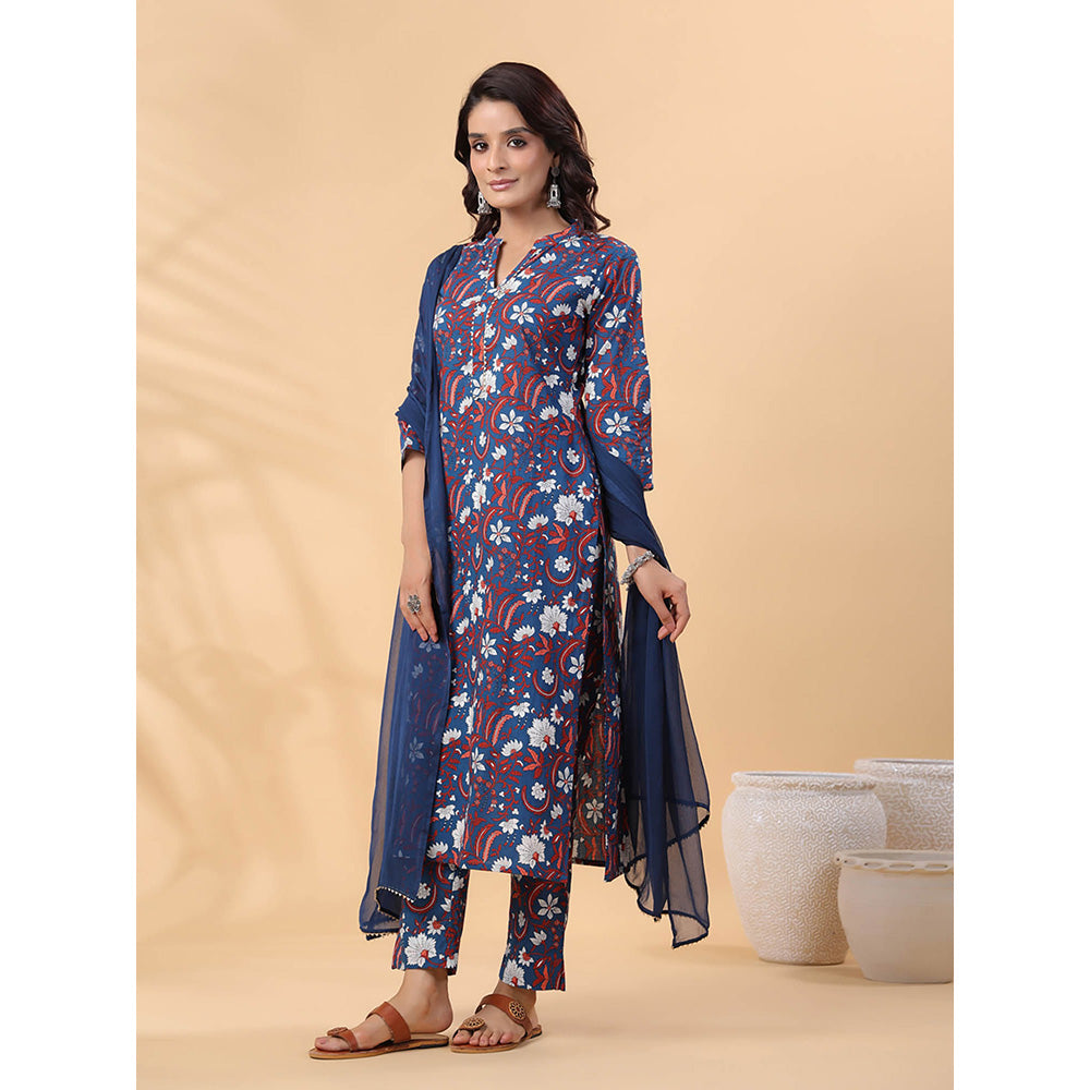 Janasya Women Navy Blue Floral Printed Kurta with Pant and Dupatta (Set of 3)