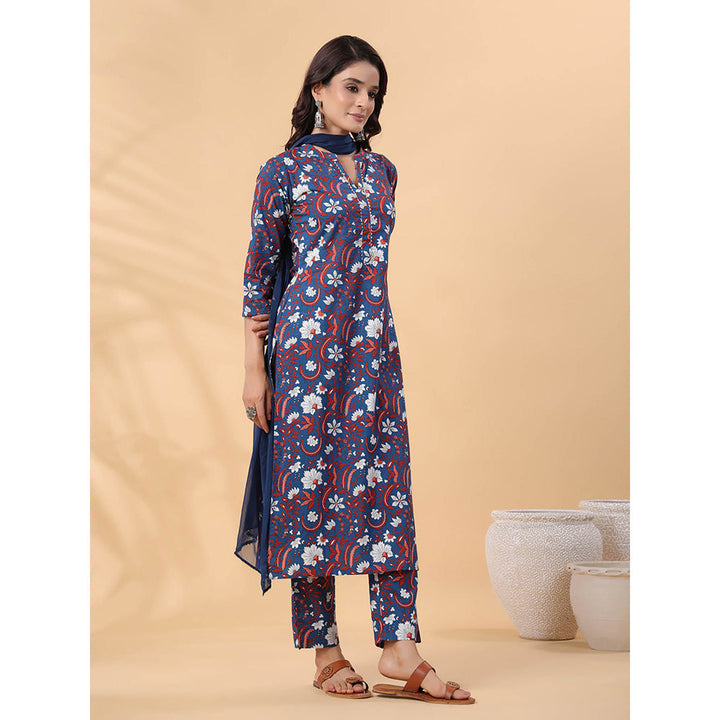 Janasya Women Navy Blue Floral Printed Kurta with Pant and Dupatta (Set of 3)