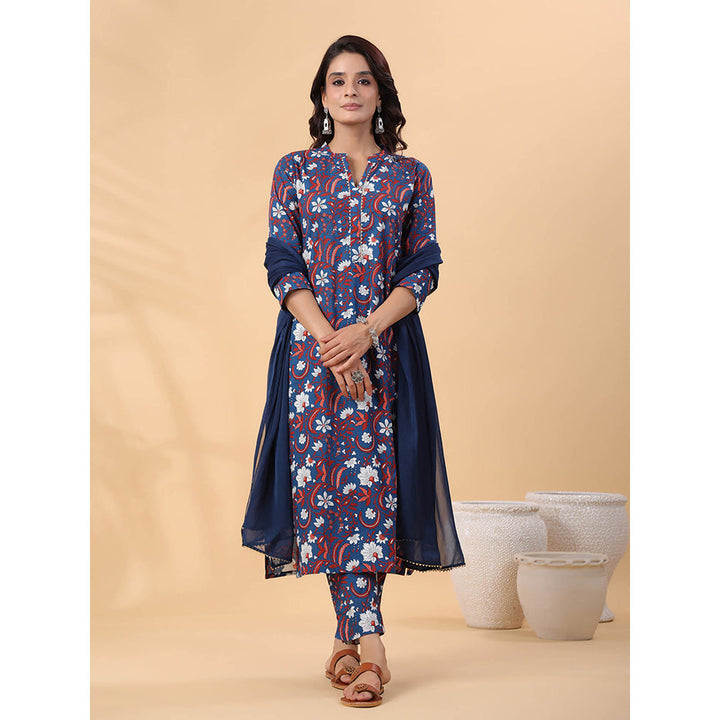 Janasya Women Navy Blue Floral Printed Kurta with Pant and Dupatta (Set of 3)