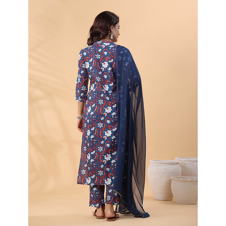 Janasya Women Navy Blue Floral Printed Kurta with Pant and Dupatta (Set of 3)