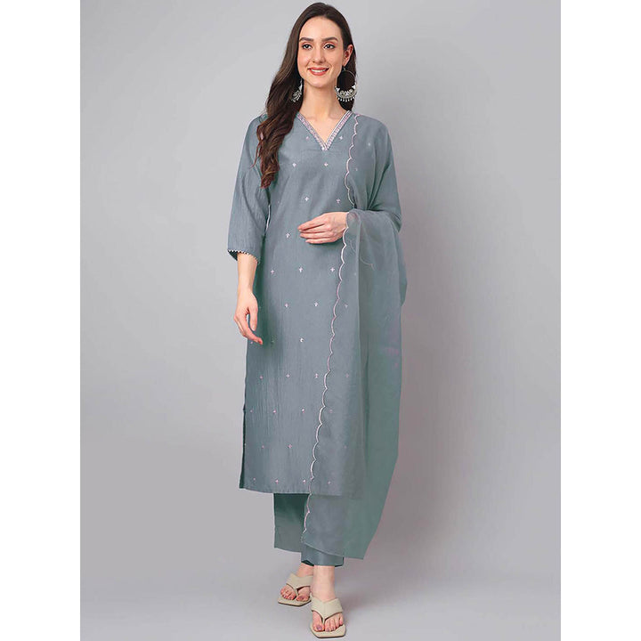 Janasya Women Grey Embroidered Kurta with Pant and Dupatta (Set of 3)