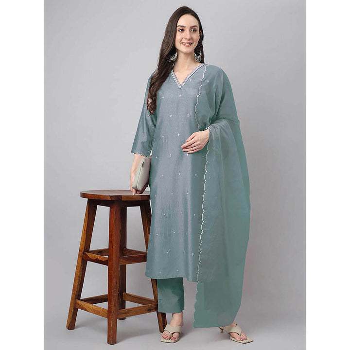 Janasya Women Grey Embroidered Kurta with Pant and Dupatta (Set of 3)