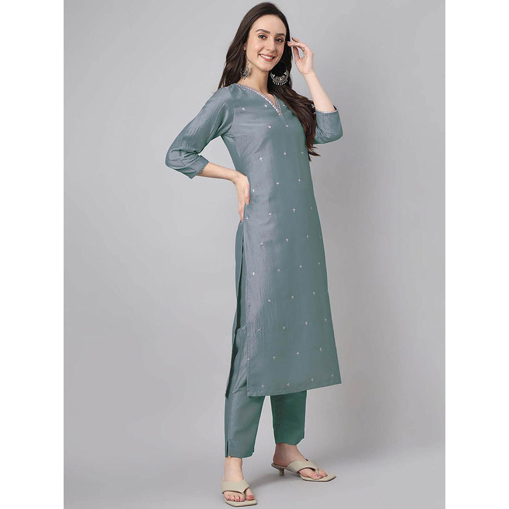 Janasya Women Grey Embroidered Kurta with Pant and Dupatta (Set of 3)