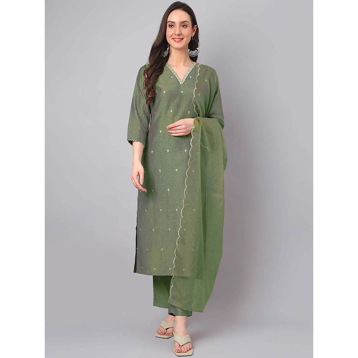 Janasya Women Green Embroidered Kurta with Pant and Dupatta (Set of 3)