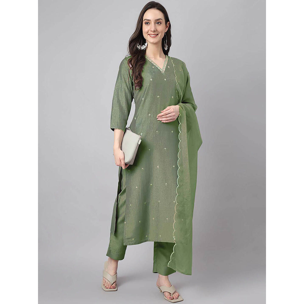 Janasya Women Green Embroidered Kurta with Pant and Dupatta (Set of 3)