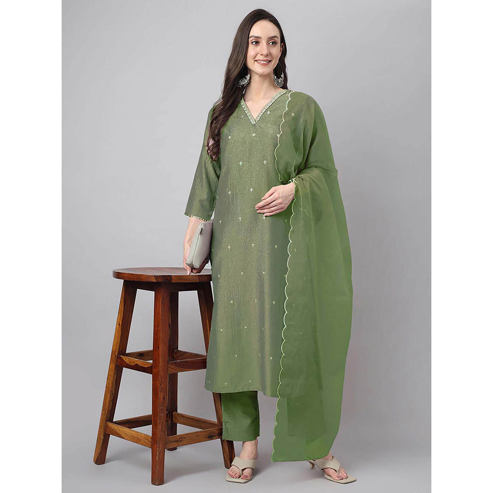 Janasya Women Green Embroidered Kurta with Pant and Dupatta (Set of 3)