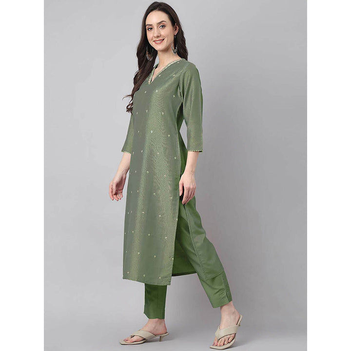 Janasya Women Green Embroidered Kurta with Pant and Dupatta (Set of 3)