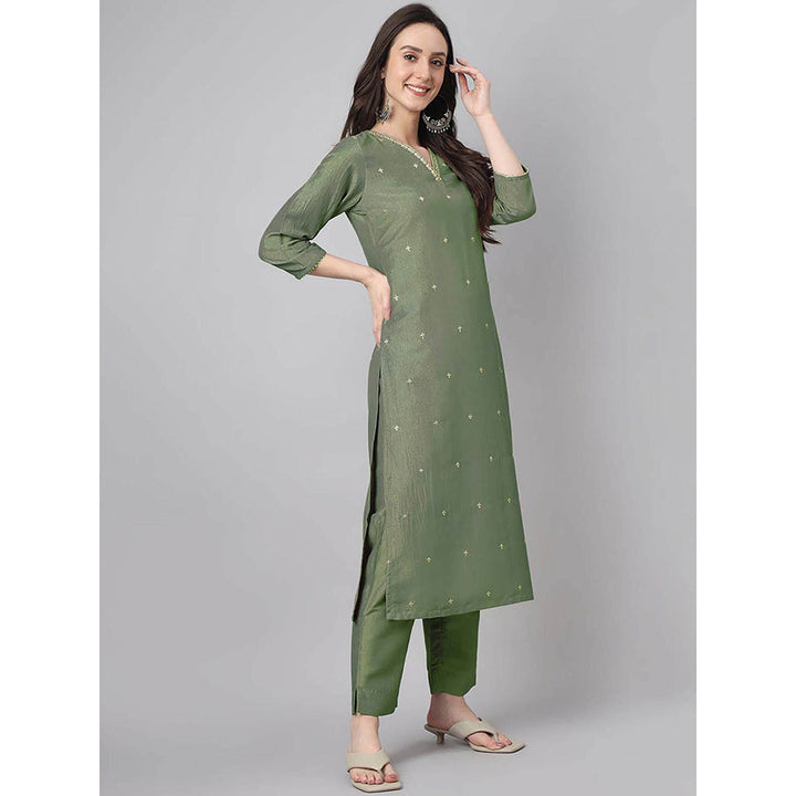 Janasya Women Green Embroidered Kurta with Pant and Dupatta (Set of 3)