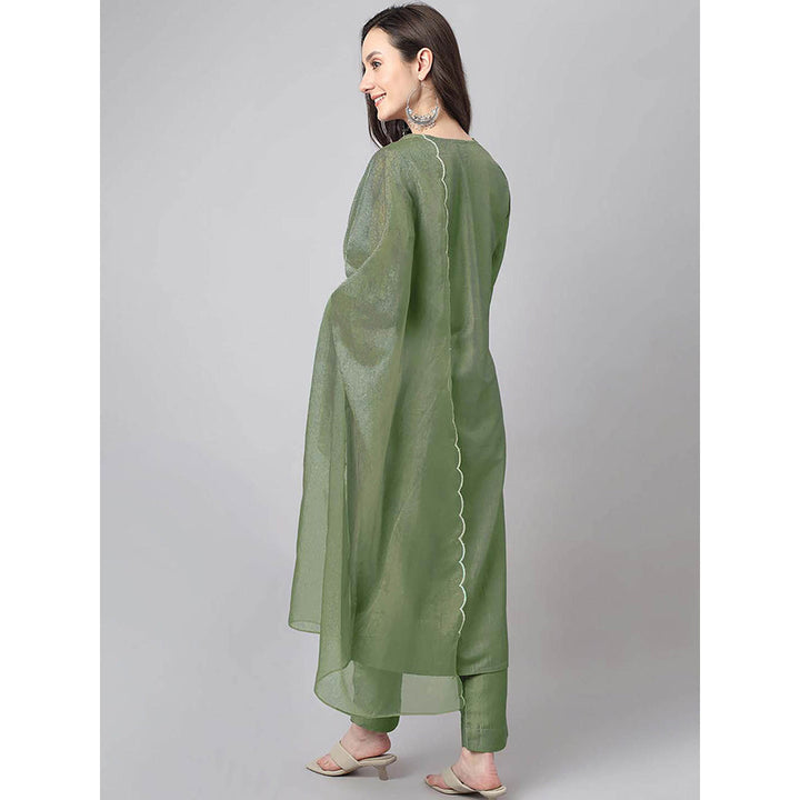 Janasya Women Green Embroidered Kurta with Pant and Dupatta (Set of 3)