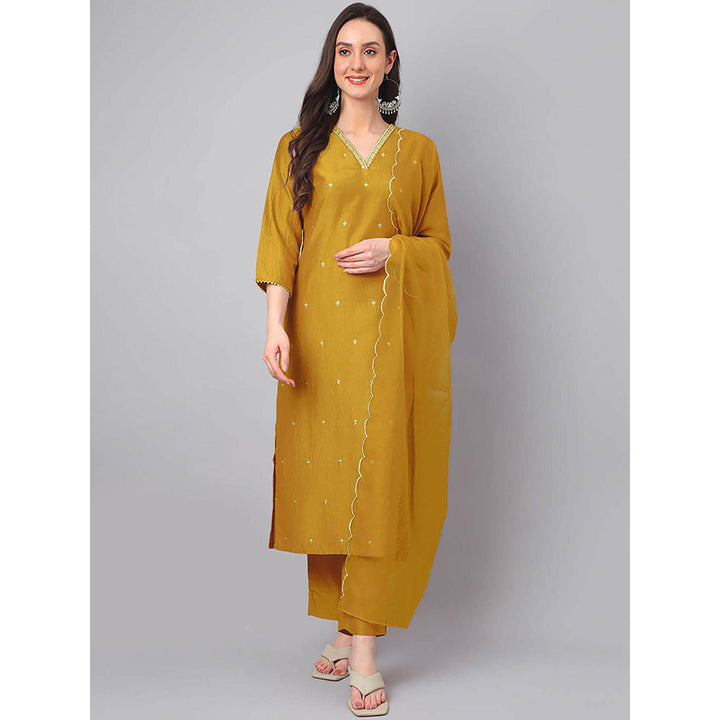 Janasya Women Mustard Embroidered Kurta with Pant and Dupatta (Set of 3)