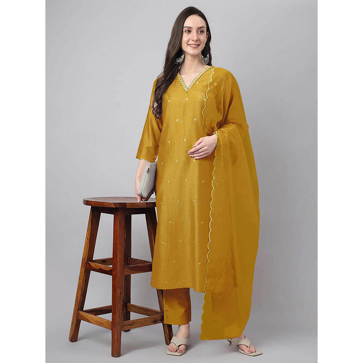 Janasya Women Mustard Embroidered Kurta with Pant and Dupatta (Set of 3)