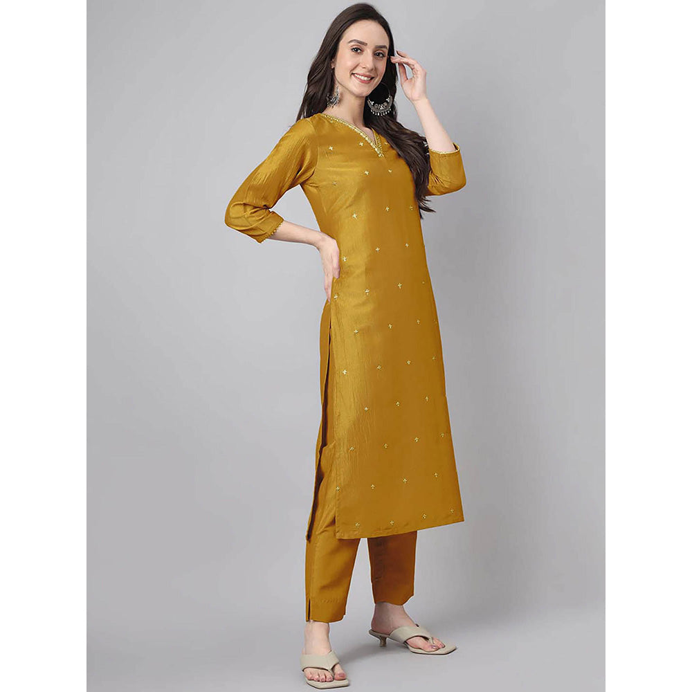 Janasya Women Mustard Embroidered Kurta with Pant and Dupatta (Set of 3)