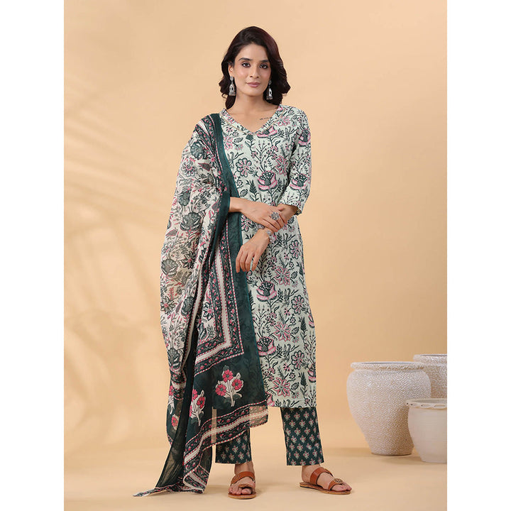 Janasya Women Green Floral Printed Kurta with Pant and Dupatta (Set of 3)