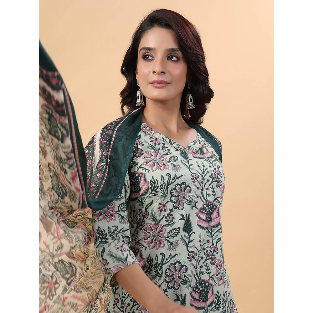 Janasya Women Green Floral Printed Kurta with Pant and Dupatta (Set of 3)