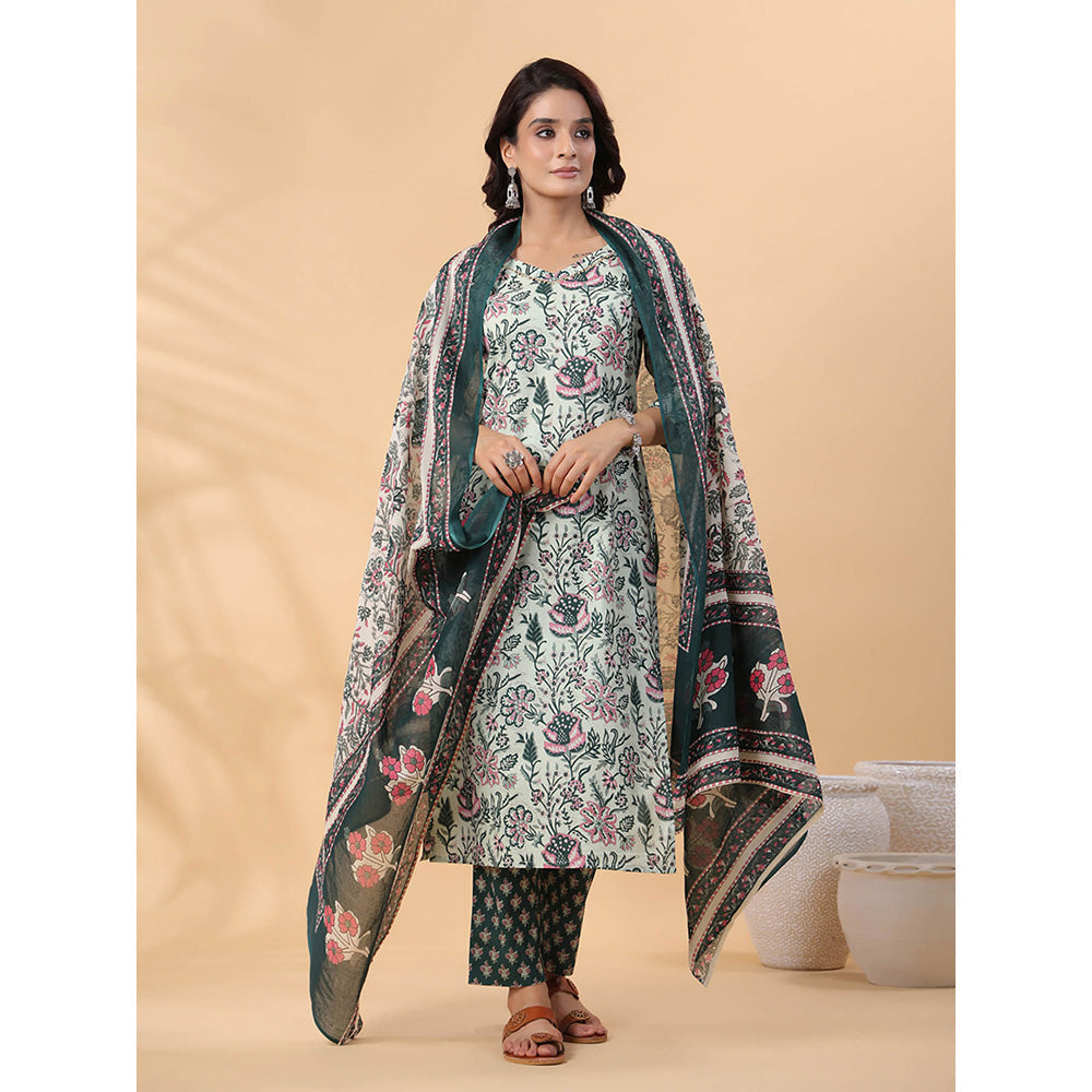 Janasya Women Green Floral Printed Kurta with Pant and Dupatta (Set of 3)