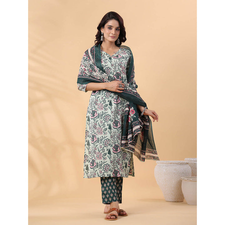 Janasya Women Green Floral Printed Kurta with Pant and Dupatta (Set of 3)