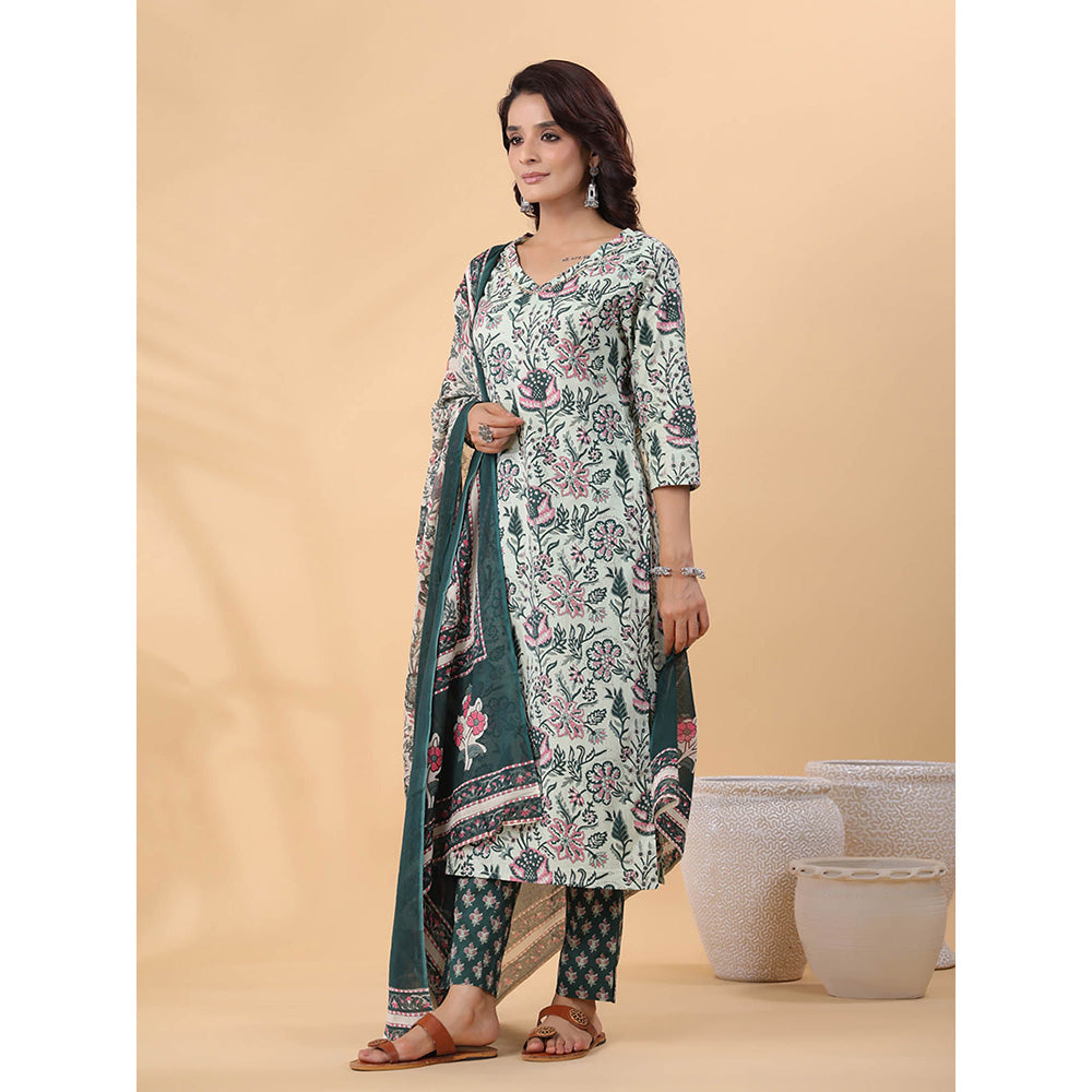 Janasya Women Green Floral Printed Kurta with Pant and Dupatta (Set of 3)