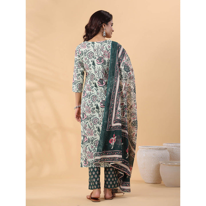 Janasya Women Green Floral Printed Kurta with Pant and Dupatta (Set of 3)