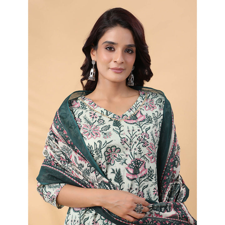 Janasya Women Green Floral Printed Kurta with Pant and Dupatta (Set of 3)