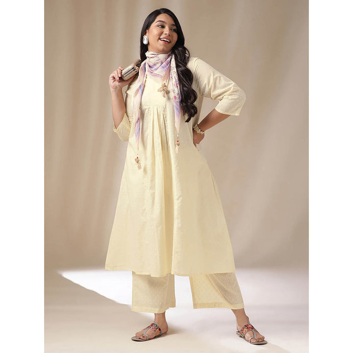 Janasya Women Plus Size Cream Self Design Kurta with Pant and Scarf (Set of 3)