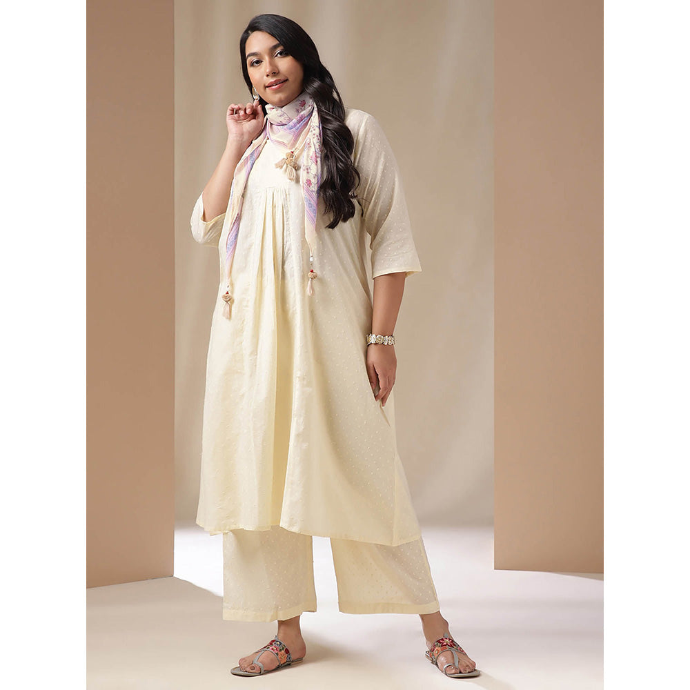 Janasya Women Plus Size Cream Self Design Kurta with Pant and Scarf (Set of 3)