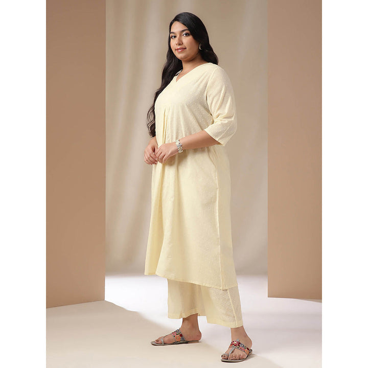 Janasya Women Plus Size Cream Self Design Kurta with Pant and Scarf (Set of 3)