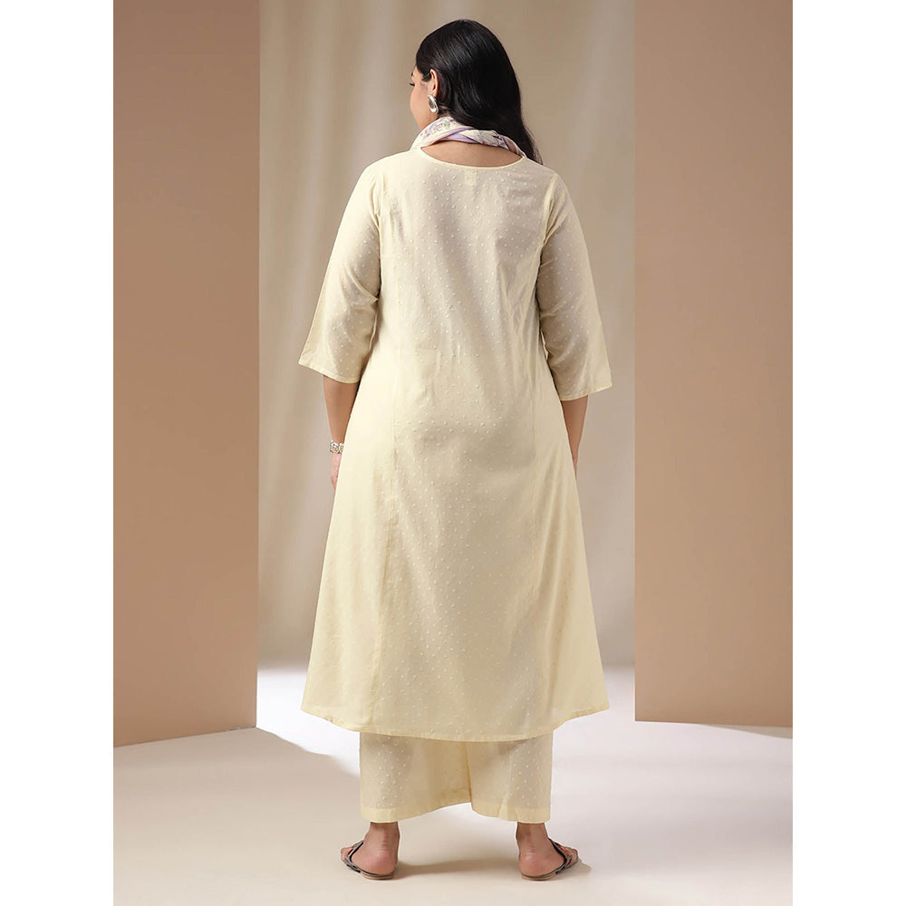 Janasya Women Plus Size Cream Self Design Kurta with Pant and Scarf (Set of 3)