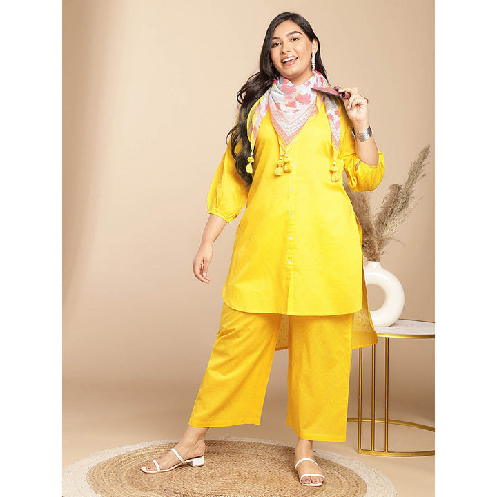 Janasya Women Plus Size Yellow Self Design Kurta with Pant and Scarf (Set of 3)