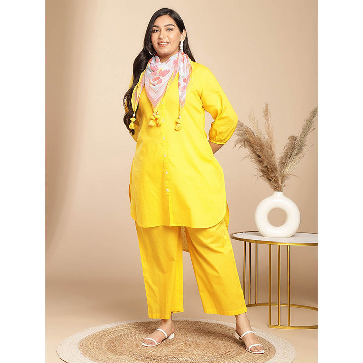 Janasya Women Plus Size Yellow Self Design Kurta with Pant and Scarf (Set of 3)