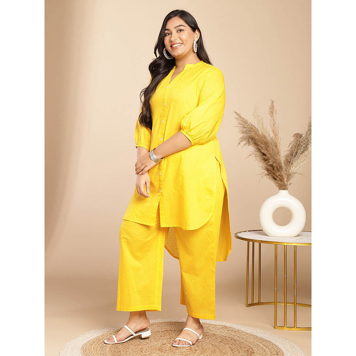 Janasya Women Plus Size Yellow Self Design Kurta with Pant and Scarf (Set of 3)