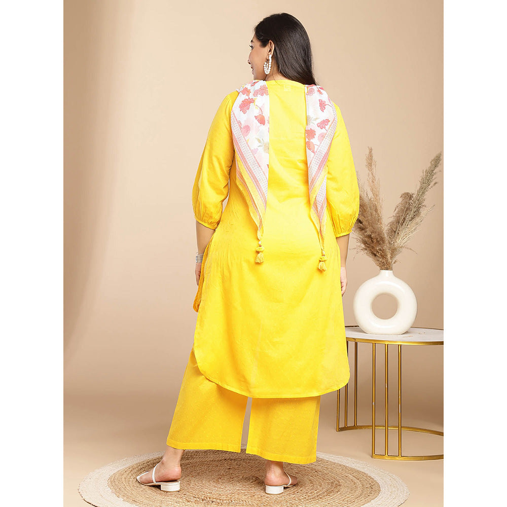 Janasya Women Plus Size Yellow Self Design Kurta with Pant and Scarf (Set of 3)