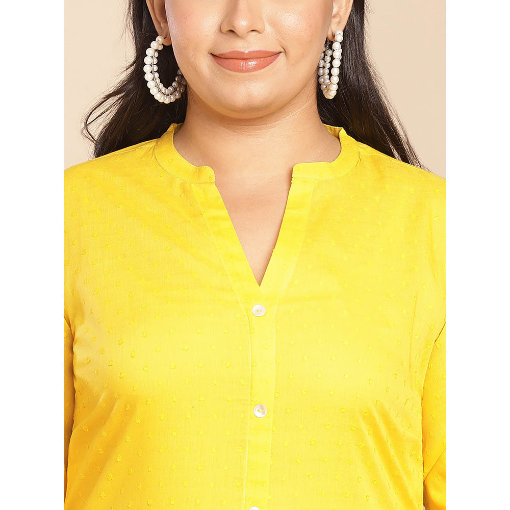 Janasya Women Plus Size Yellow Self Design Kurta with Pant and Scarf (Set of 3)