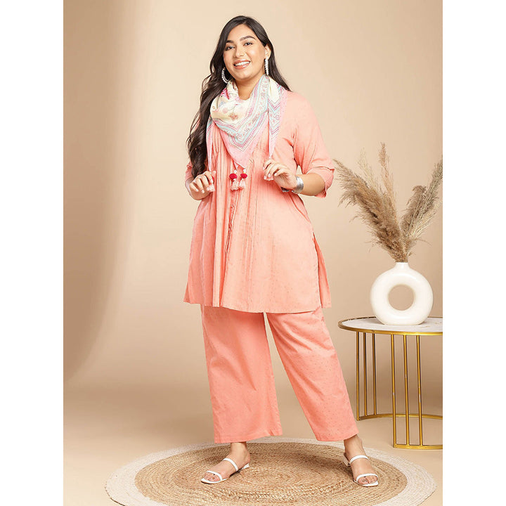 Janasya Women Plus Size Peach Self Design Kurta with Pant and Scarf (Set of 3)