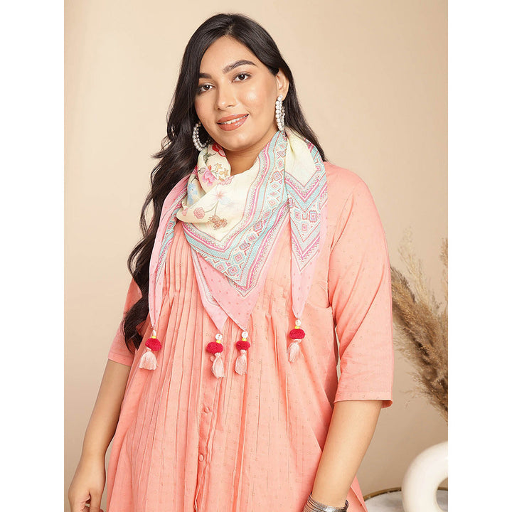 Janasya Women Plus Size Peach Self Design Kurta with Pant and Scarf (Set of 3)