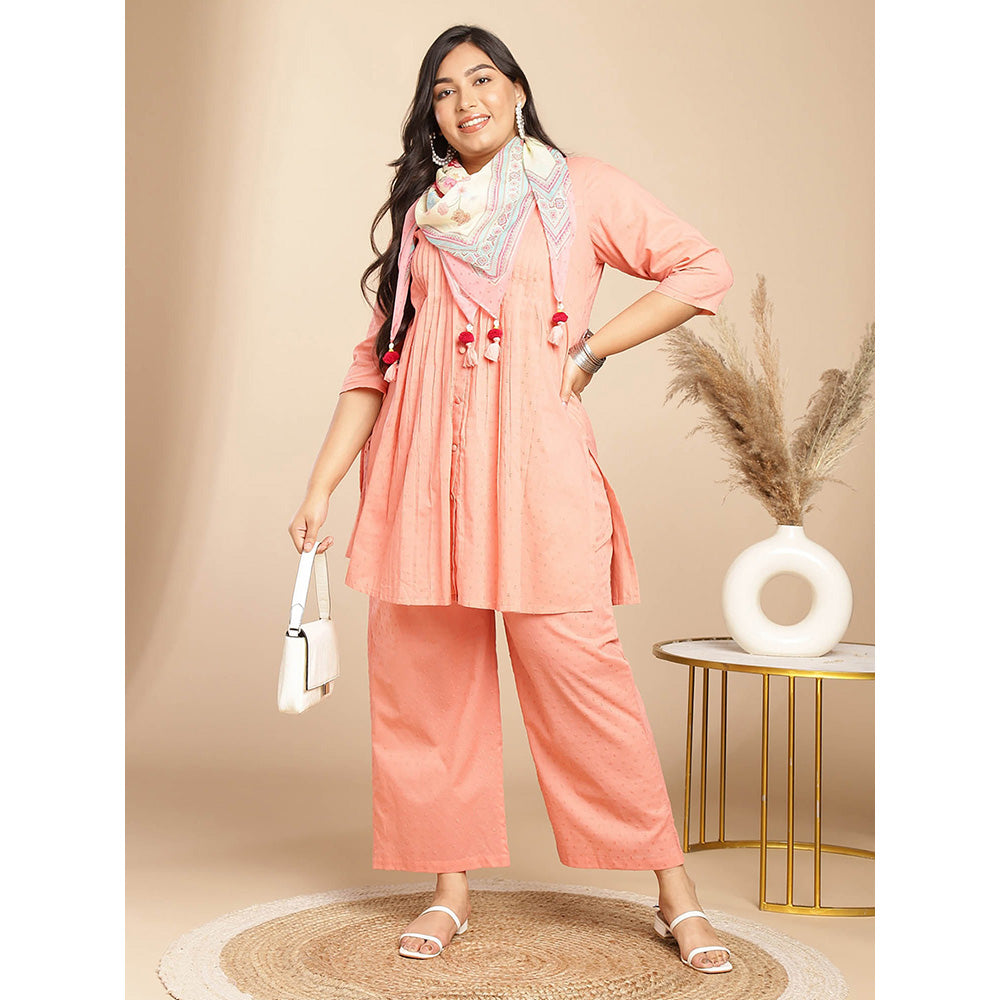 Janasya Women Plus Size Peach Self Design Kurta with Pant and Scarf (Set of 3)