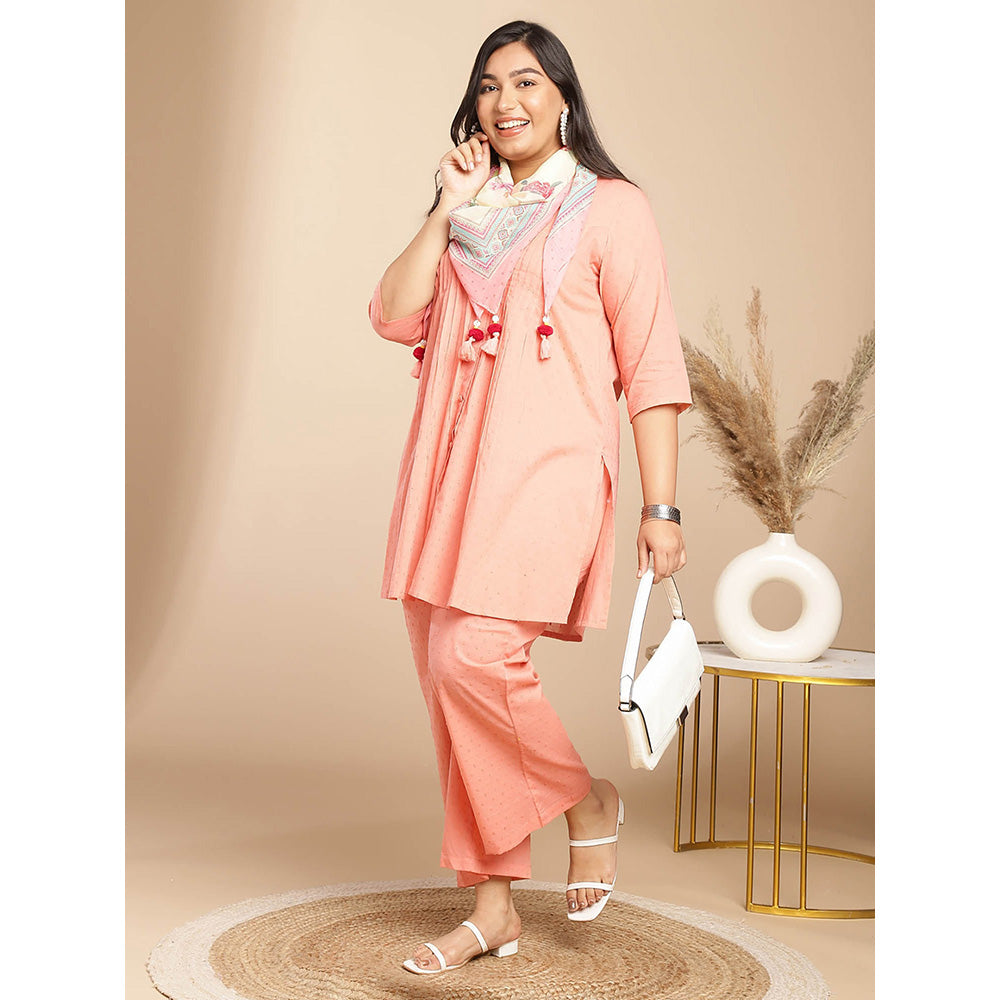 Janasya Women Plus Size Peach Self Design Kurta with Pant and Scarf (Set of 3)