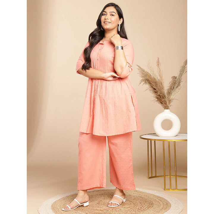 Janasya Women Plus Size Peach Self Design Kurta with Pant and Scarf (Set of 3)