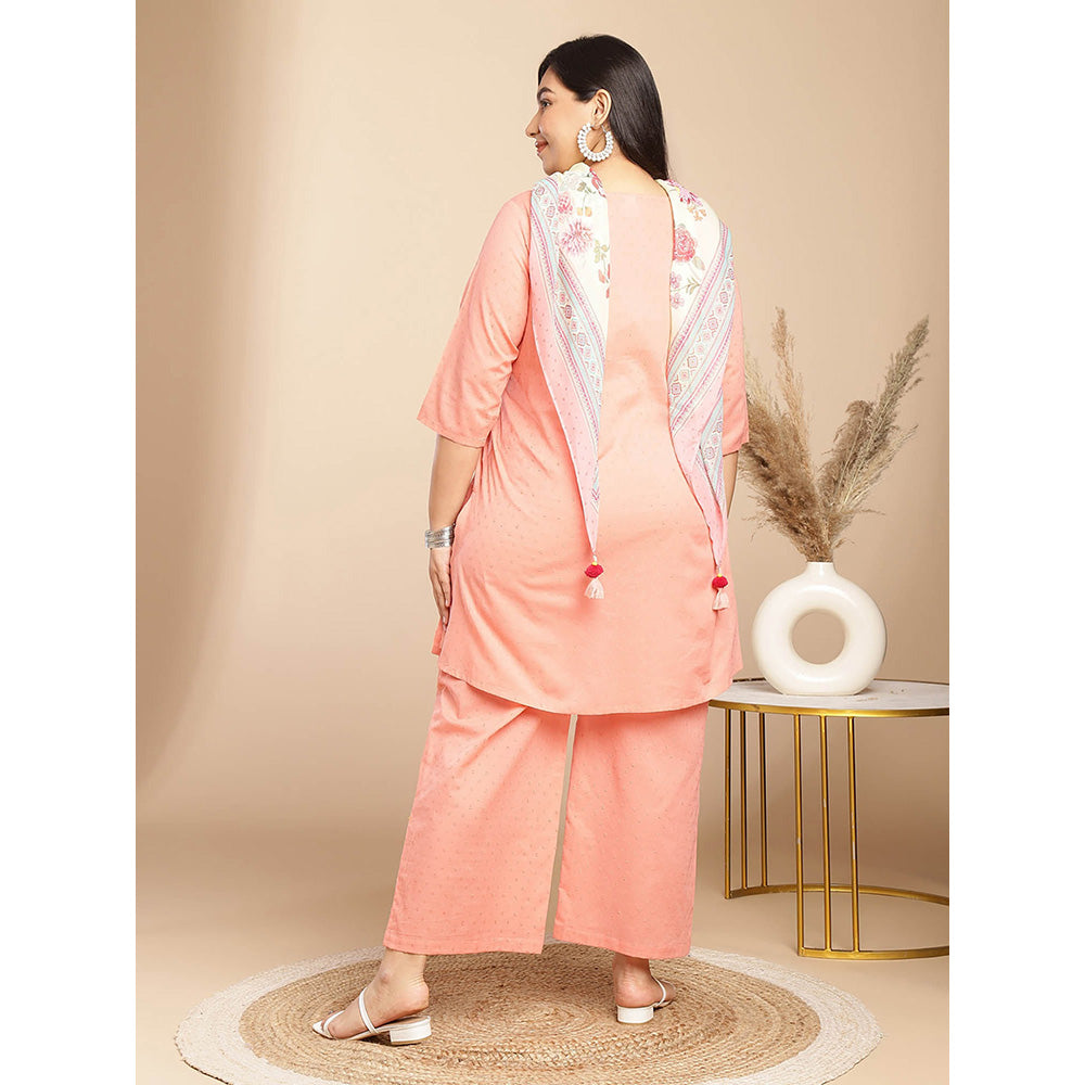 Janasya Women Plus Size Peach Self Design Kurta with Pant and Scarf (Set of 3)