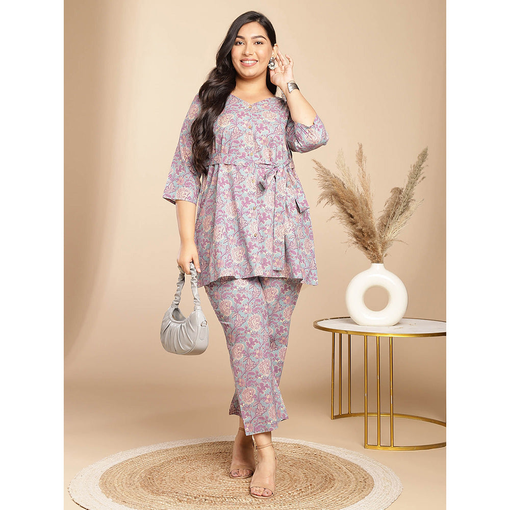 Janasya Women Plus Size Grey Floral Printed Kurti with Pant (Set of 2)