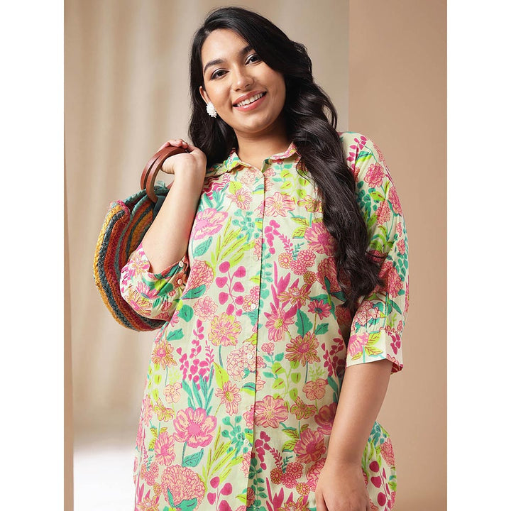 Janasya Women Plus Size Beige Floral Printed Shirt with Pant (Set of 2)