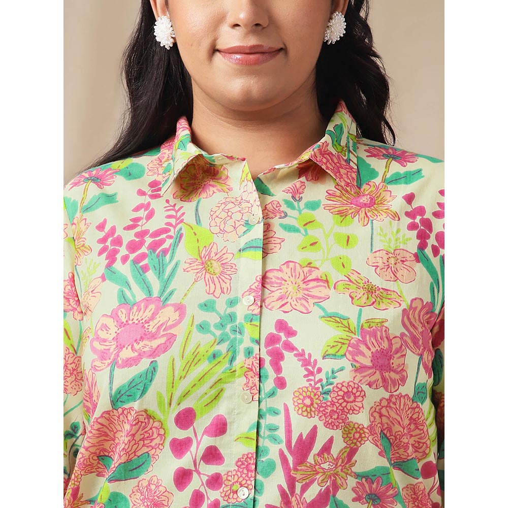 Janasya Women Plus Size Beige Floral Printed Shirt with Pant (Set of 2)