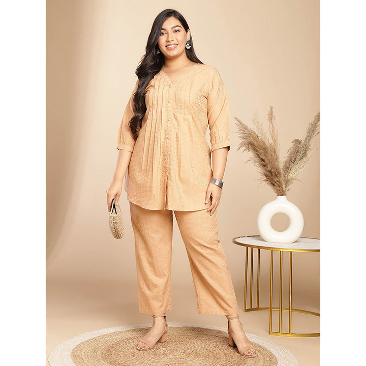 Janasya Women Orange Embroidered Tunic with Pant (Set of 2)