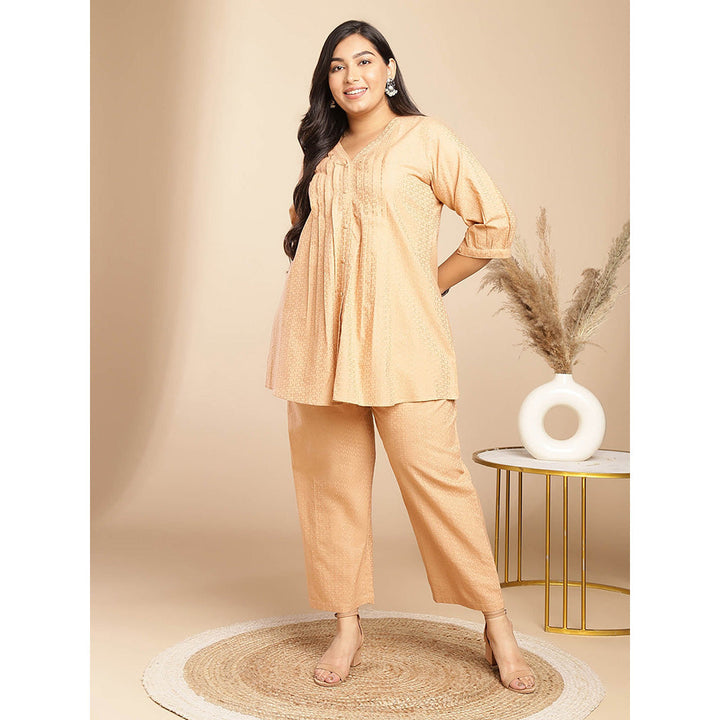 Janasya Women Orange Embroidered Tunic with Pant (Set of 2)